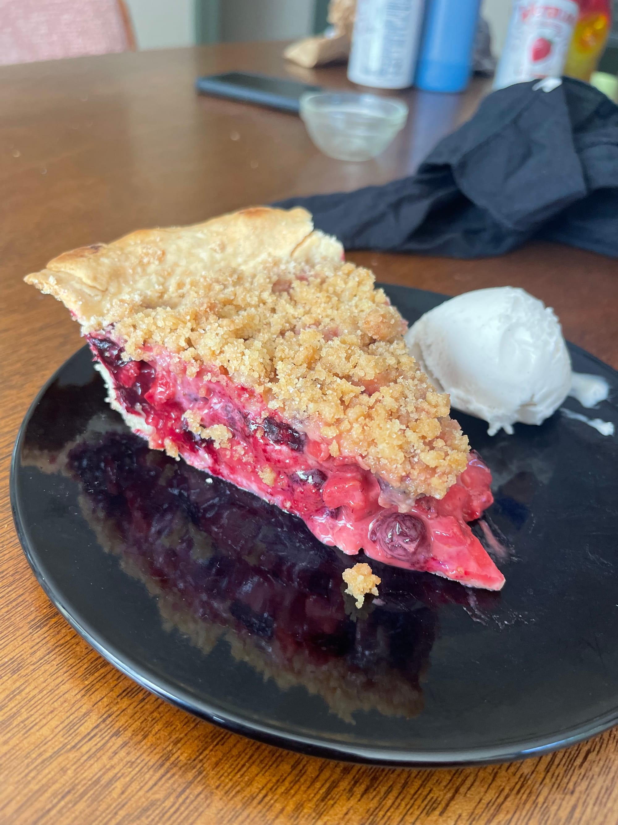 it's a good looking slice of triple berry pie made from scratch