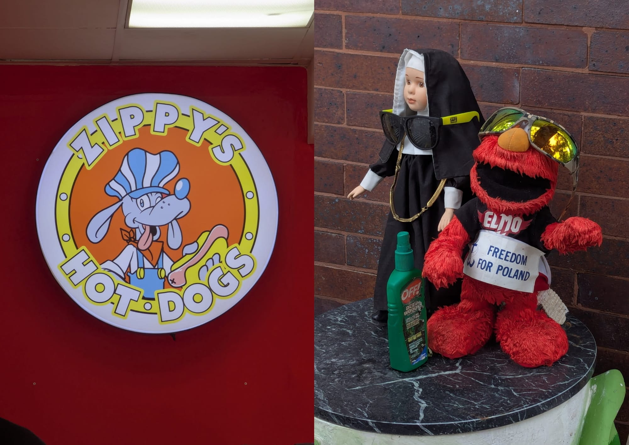Zippy’s Hot Dogs logo + Elmo’s Freedom for Poland, photos by Nina Corcoran