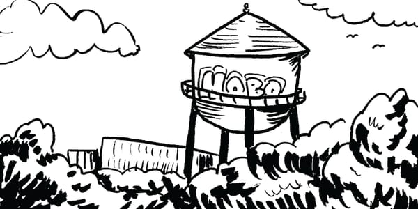 Athens, Georgia water tower and landscape, illustrated by Abby Kacen